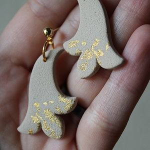 Unique Handcrafted Floral Polymer Clay Gold Plated Earrings Beige with Gold Leaf